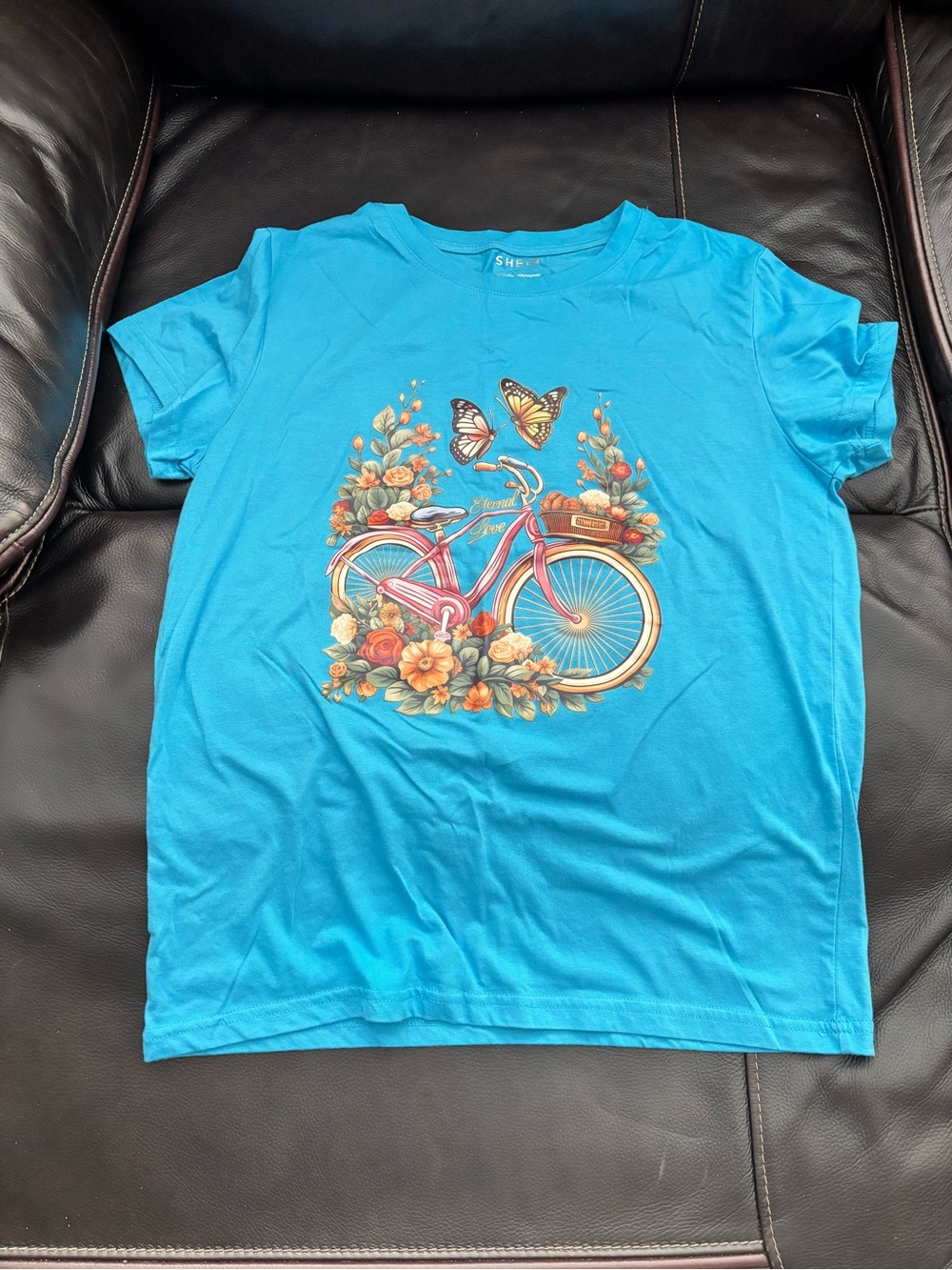 SHEIN Turquoise Graphic Tee with Bicycle, Flowers & Butterflies